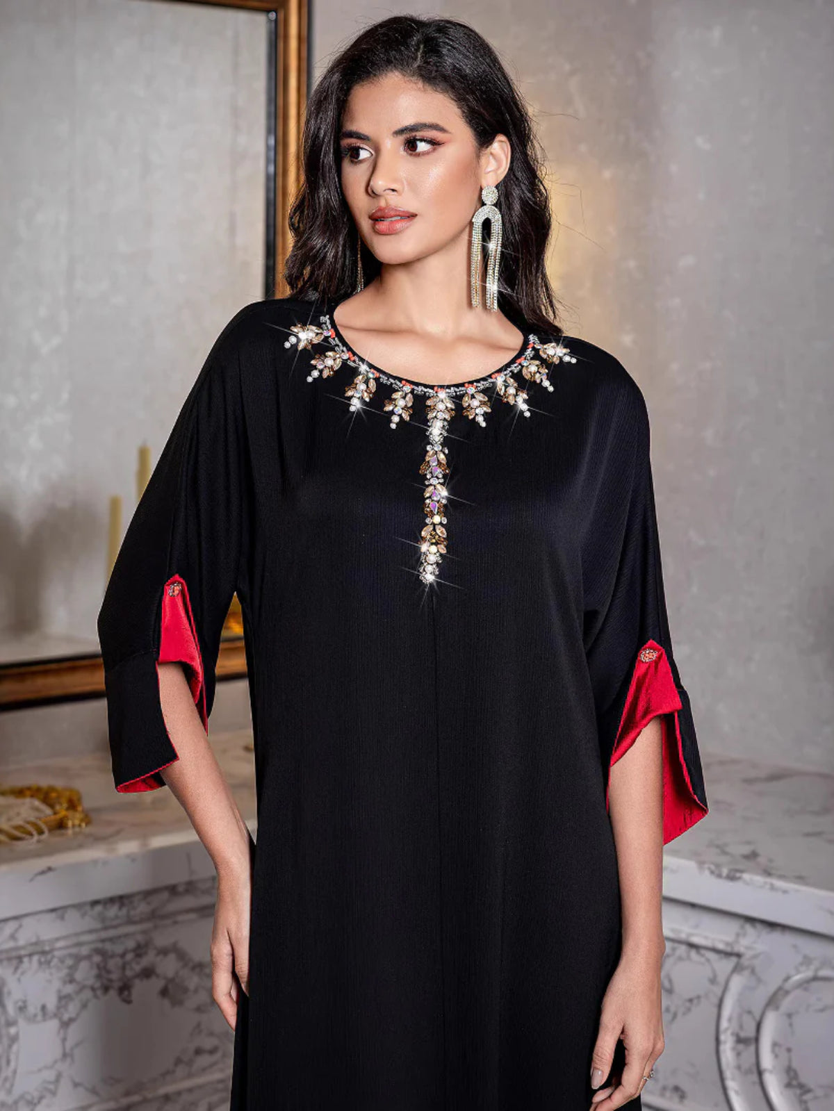 Black Rhinestone Contrast-Sleeve Dress