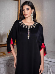 15176 new contrasting color medium-sleeved robe hand-sewn diamond elegant dress