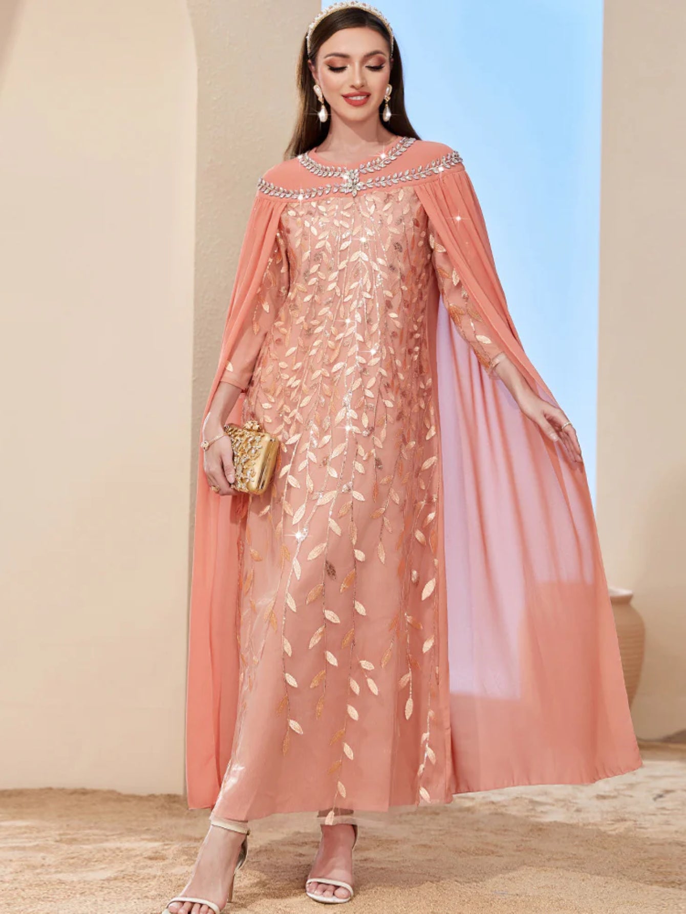 BA2510 orange pink leaf mesh embroidered fashion cape fake two-piece dress dubai lady long dress