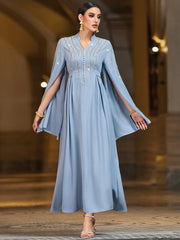 4038 Middle Eastern Style Light Blue Gold Sequins Embellished Cape Sleeves Maxi Dress - Elegant Flowing Long Gown