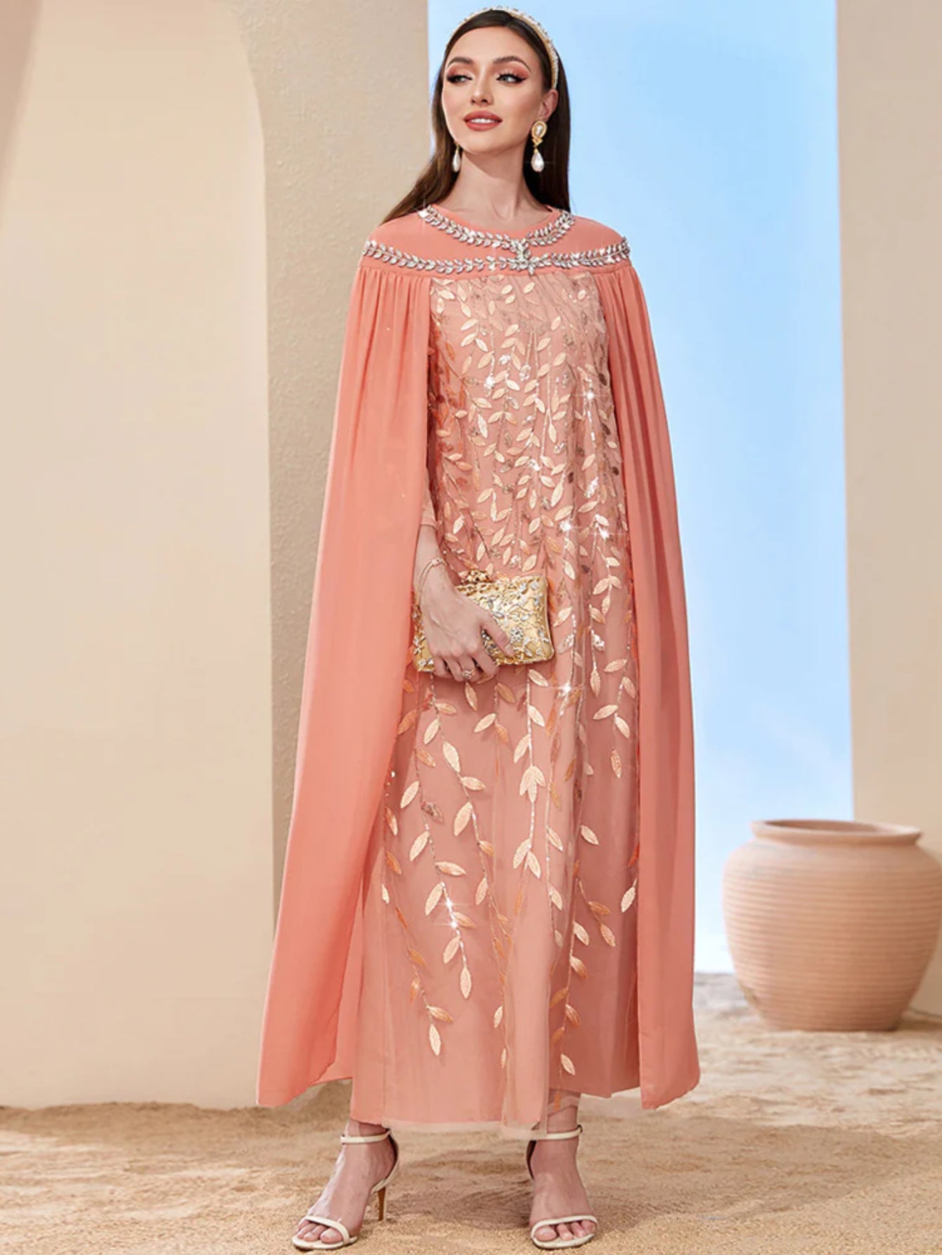 BA2510 orange pink leaf mesh embroidered fashion cape fake two-piece dress dubai lady long dress