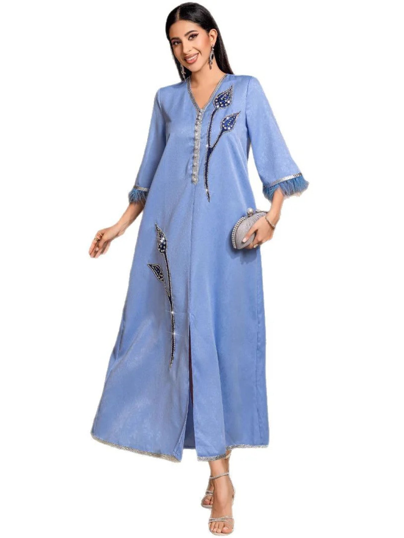 BA3025 Middle East Women's Embroidered Silver Feather Edge Robe South East Asia Dress