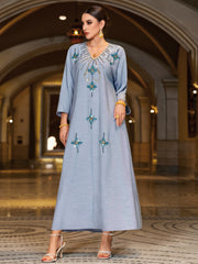 4140 Middle Eastern Style Light Blue Rhinestone Bead Embellished Bell Sleeves Maxi Dress - Elegant Decorated Abaya Gown