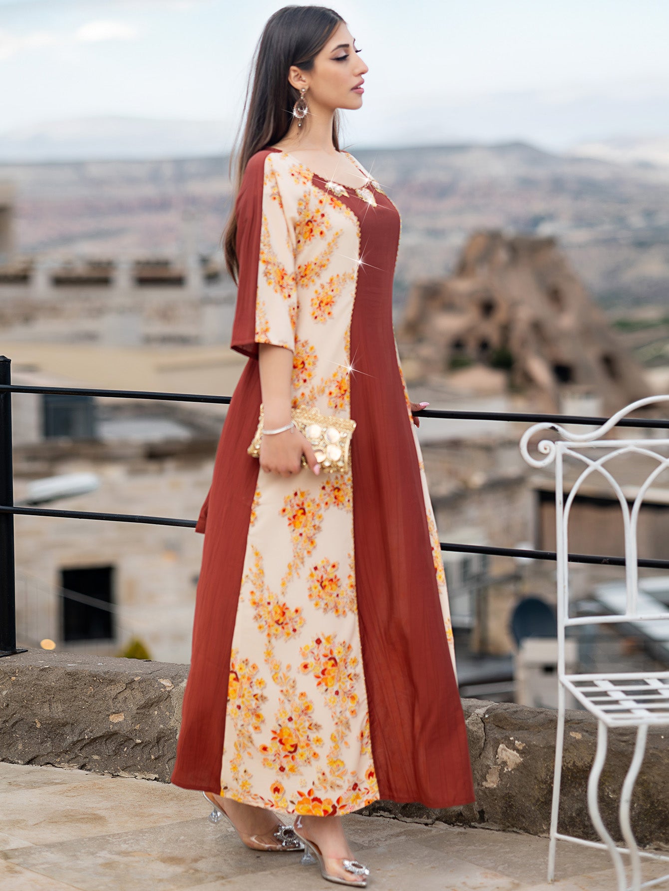 15015 Stylish Eye-Catching Abaya Maxi Dress! Color-Block Design + Floral Beads, Waist-Tie Cut Shows Refinement