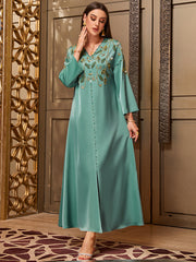 4047 Middle Eastern Style Turquoise Gold Embroidered Sequin 3/4 Sleeves Maxi Dress - Elegant Embellished Long Gown