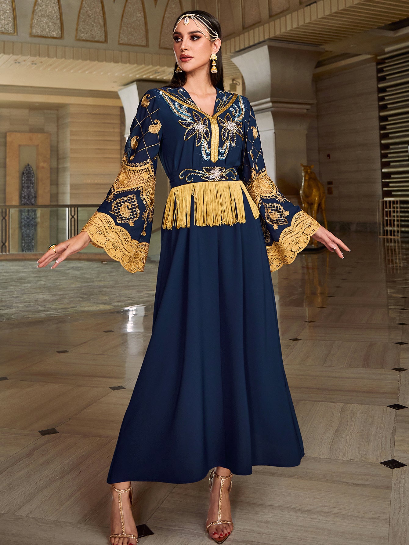 4146 Middle Eastern Style Navy Blue Gold Bead Embroidery Lace Tassel Decorated Long Sleeve Maxi Dress - Elegant Abaya Gown