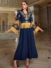 4146 Middle Eastern Style Navy Blue Gold Bead Embroidery Lace Tassel Decorated Long Sleeve Maxi Dress - Elegant Abaya Gown