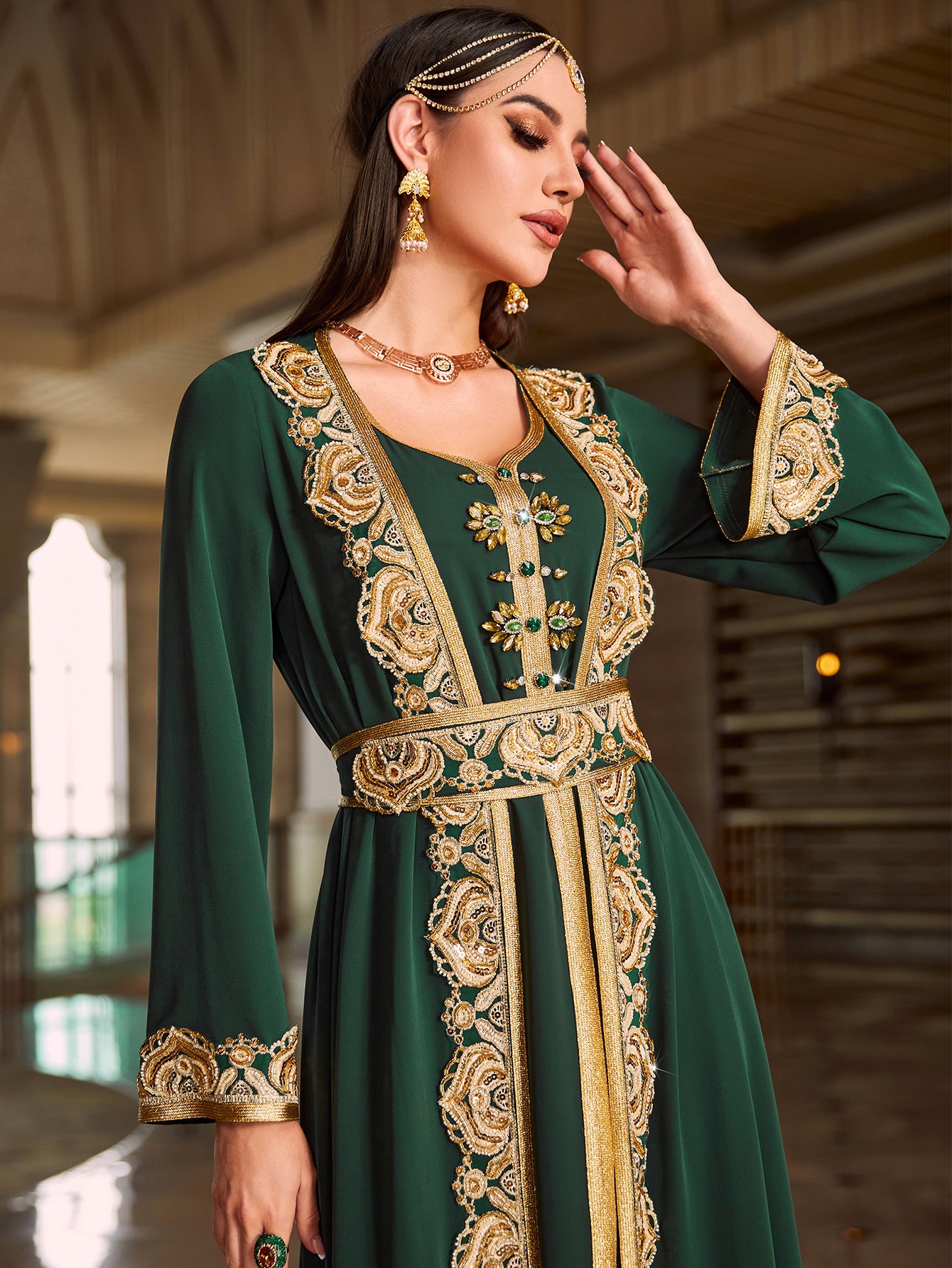 4081 Middle Eastern Style Dark Green Gold Embroidered Long Sleeve Belted Maxi Dress - Elegant Ornate Gown