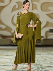 BA3048 New Army Green Middle East Super Long Sleeve Embroidered Decal Dress, Dubai Dress