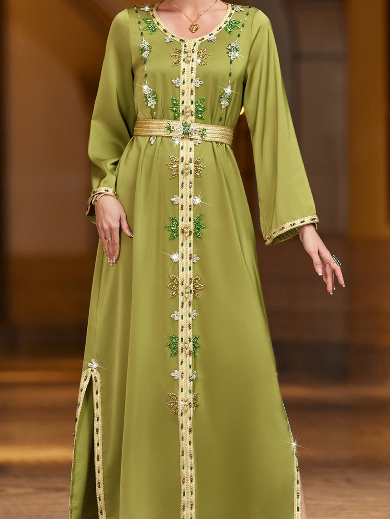 4002 Hand-Swen Bead Embellshments Rhinestone Long Abaya,  Elegant Rmantic Glamorous Vacation Fantasy Long Sleeve