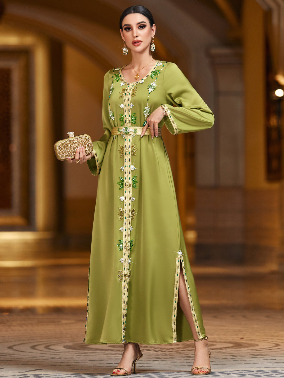 4002 Hand-Swen Bead Embellshments Rhinestone Long Abaya,  Elegant Rmantic Glamorous Vacation Fantasy Long Sleeve