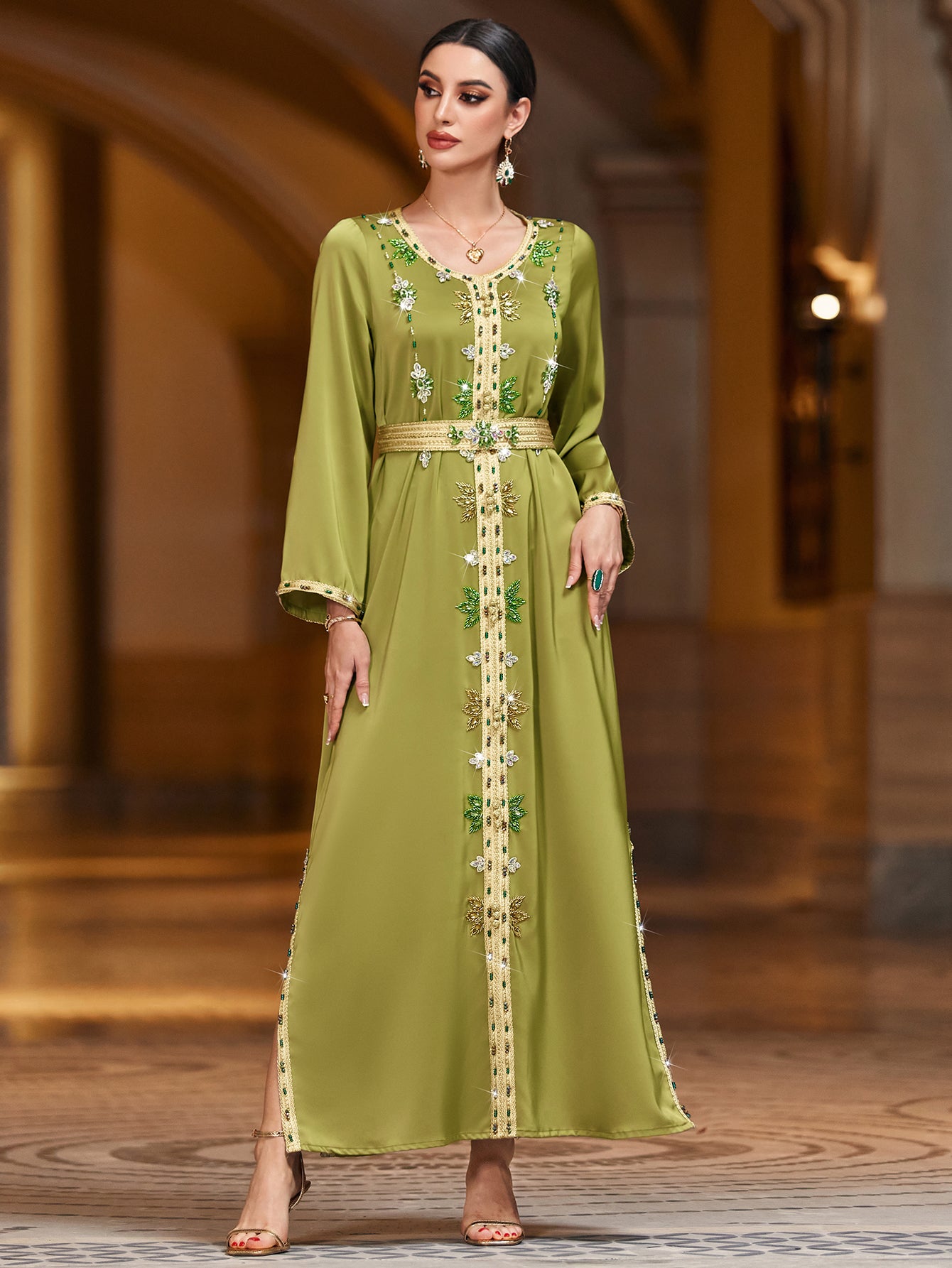 4002 Hand-Swen Bead Embellshments Rhinestone Long Abaya,  Elegant Rmantic Glamorous Vacation Fantasy Long Sleeve