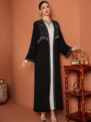 Black Beaded Rhinestone-Trim Abaya