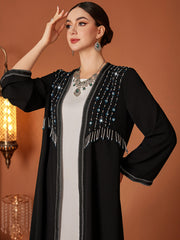 Black Beaded Rhinestone-Trim Abaya