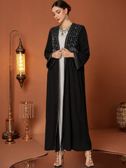 Black Beaded Rhinestone-Trim Abaya
