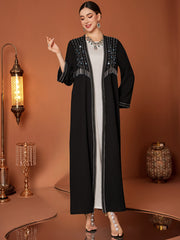 Black Beaded Rhinestone-Trim Abaya