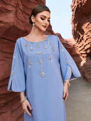 Light Blue Beaded Flared-Sleeve Dress