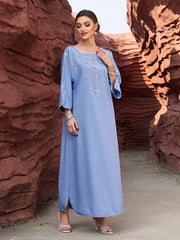 Light Blue Beaded Flared-Sleeve Dress