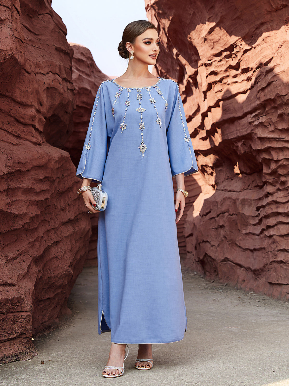 Light Blue Beaded Flared-Sleeve Dress