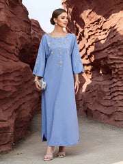Light Blue Beaded Flared-Sleeve Dress