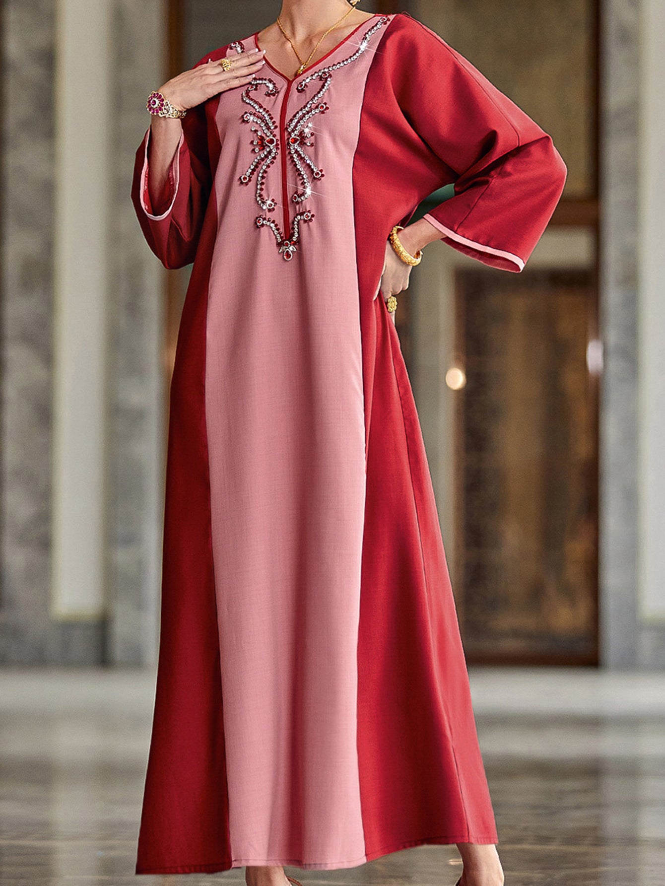 4049 Hand-Swen Bead Embellshments Rhinestone Long Abaya,  Elegant Rmantic Glamorous Vacation Fantasy Long Sleeve