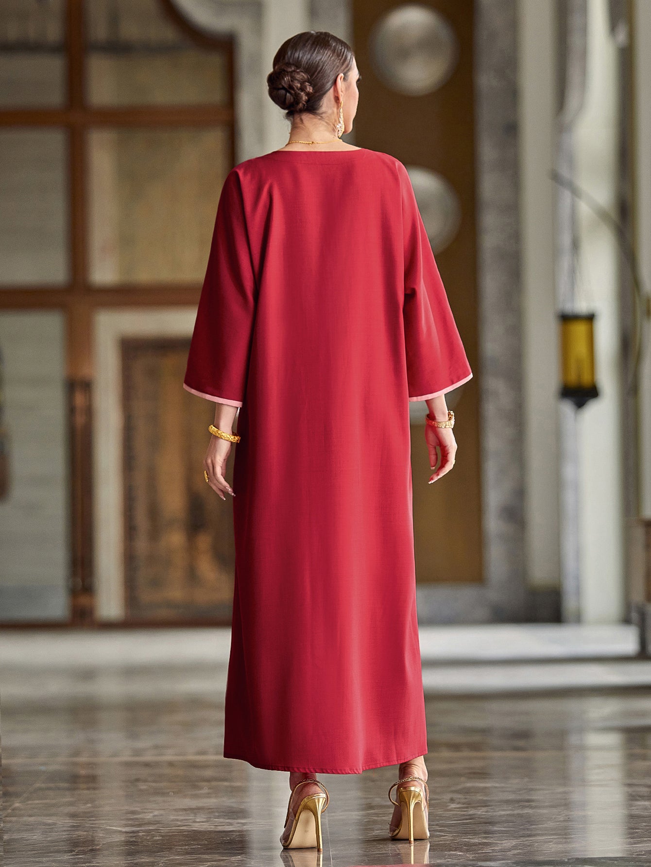 4049 Hand-Swen Bead Embellshments Rhinestone Long Abaya,  Elegant Rmantic Glamorous Vacation Fantasy Long Sleeve