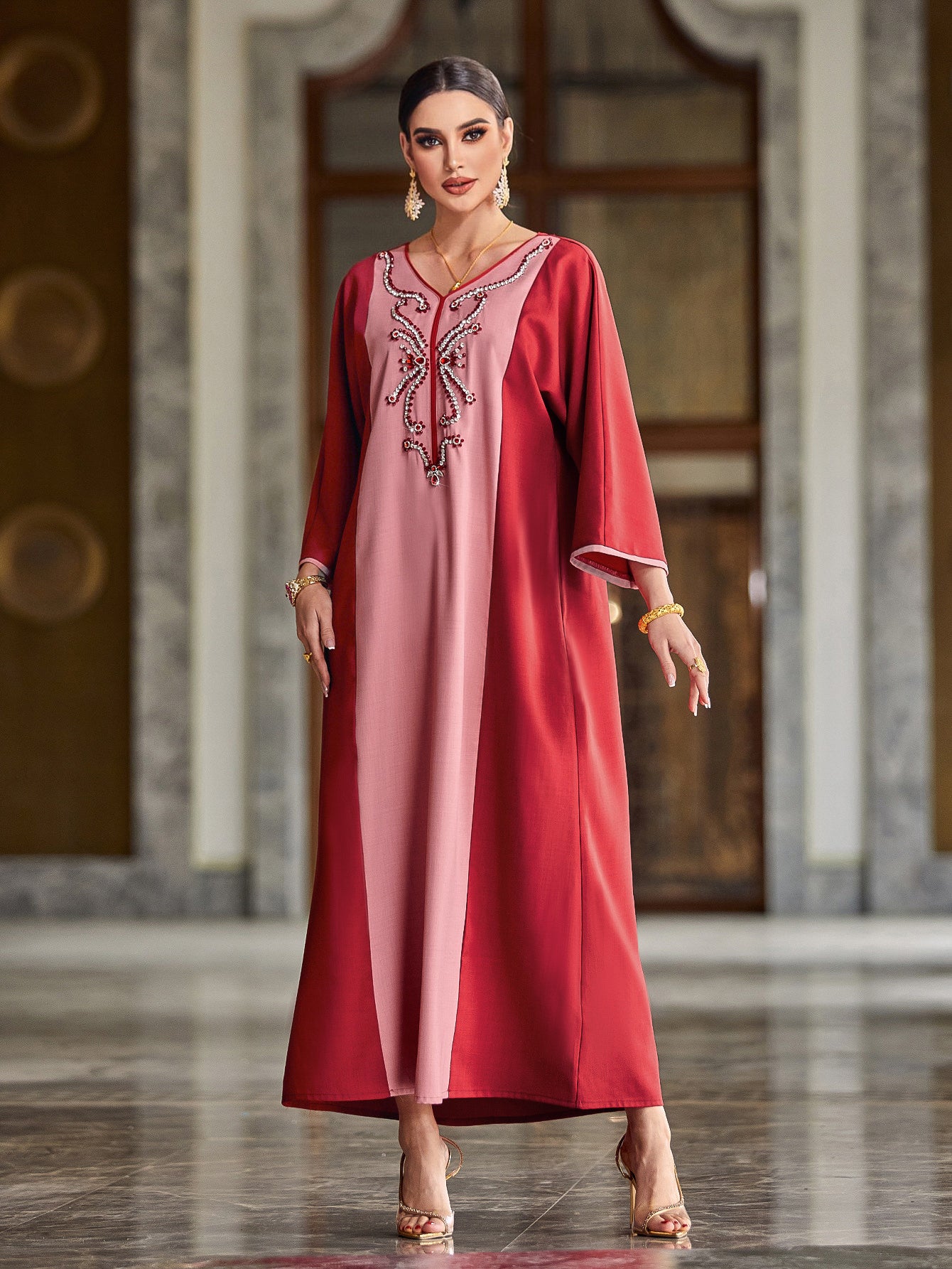 4049 Hand-Swen Bead Embellshments Rhinestone Long Abaya,  Elegant Rmantic Glamorous Vacation Fantasy Long Sleeve