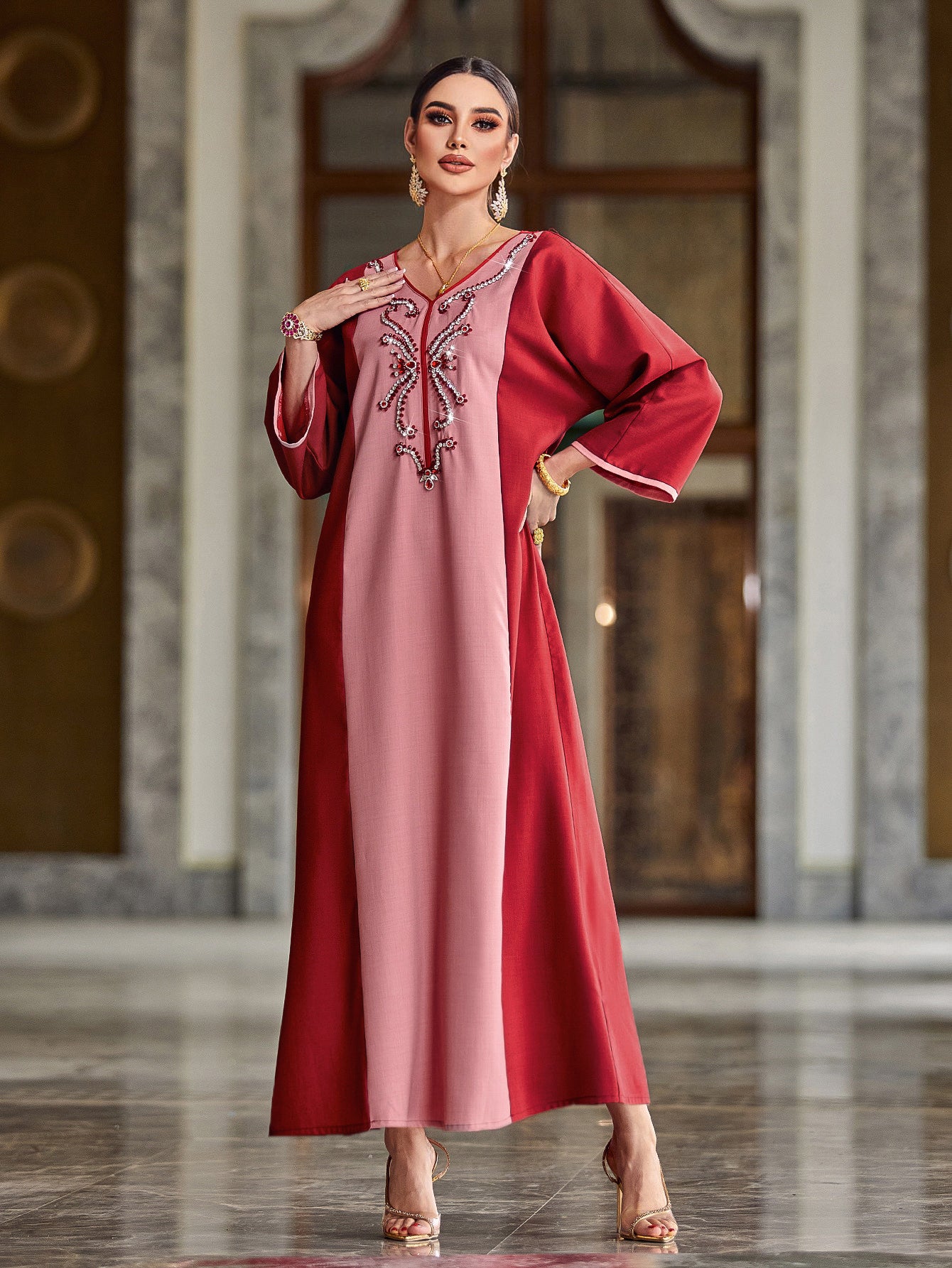 4049 Hand-Swen Bead Embellshments Rhinestone Long Abaya,  Elegant Rmantic Glamorous Vacation Fantasy Long Sleeve