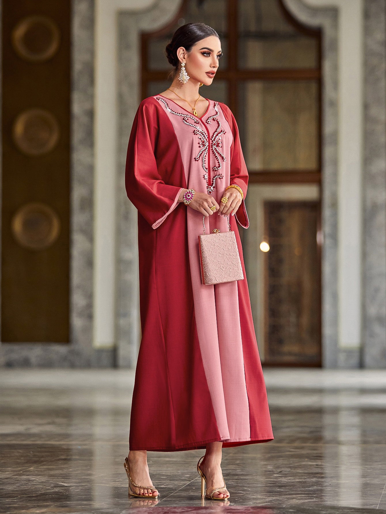 4049 Hand-Swen Bead Embellshments Rhinestone Long Abaya,  Elegant Rmantic Glamorous Vacation Fantasy Long Sleeve