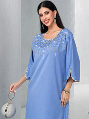 15166 new fog blue square neck loose hand-sewn diamond dress arabic robe