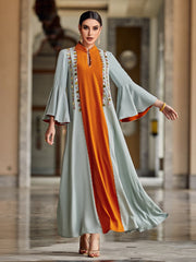 Grey and Orange Color-Block Beaded Dress