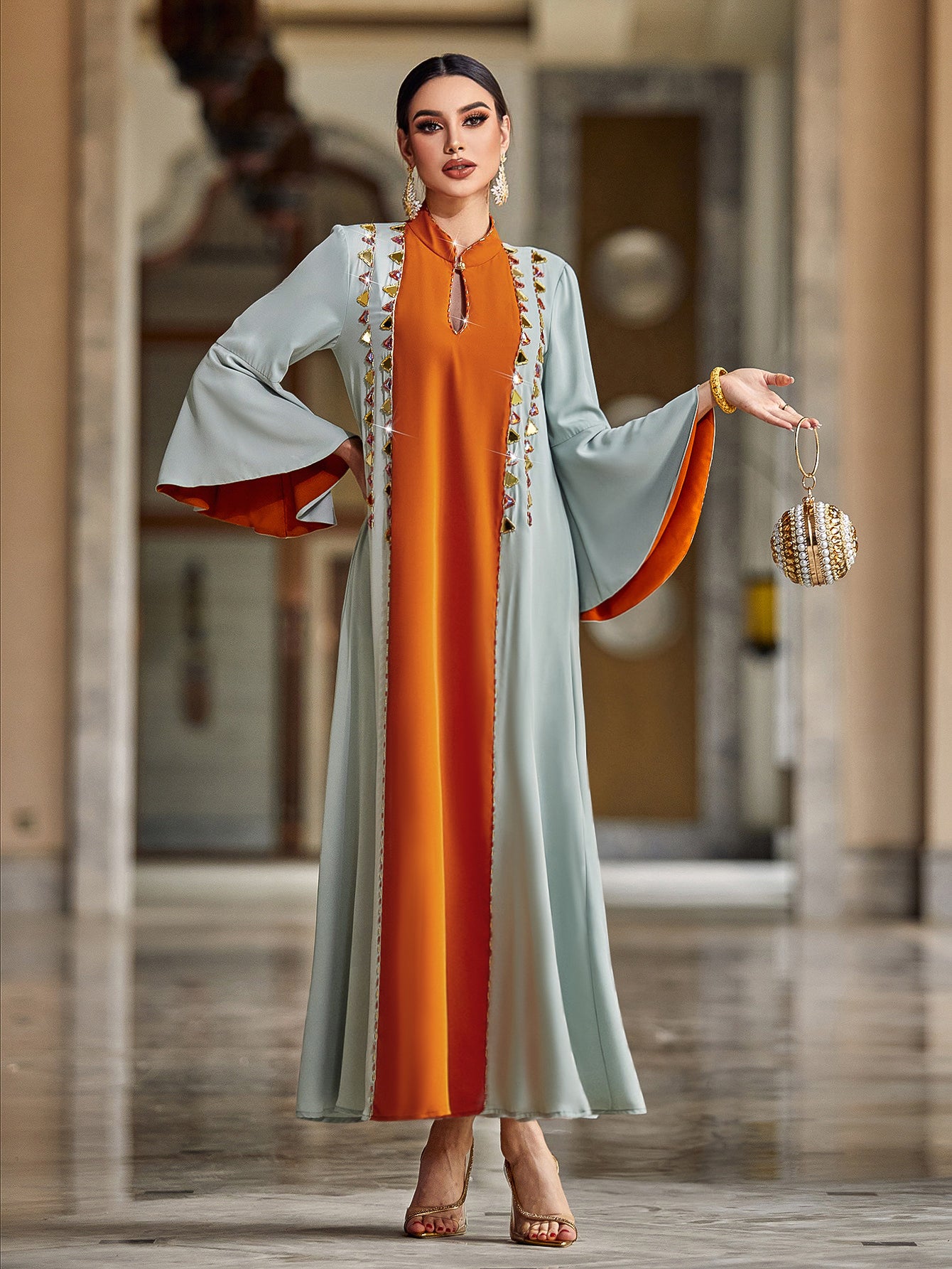 4069 Hand-Swen Bead Embellshments Rhinestone Long Abaya,  Elegant Modest Rmantic Glamorous Vacation Fantasy  Long Sleeve