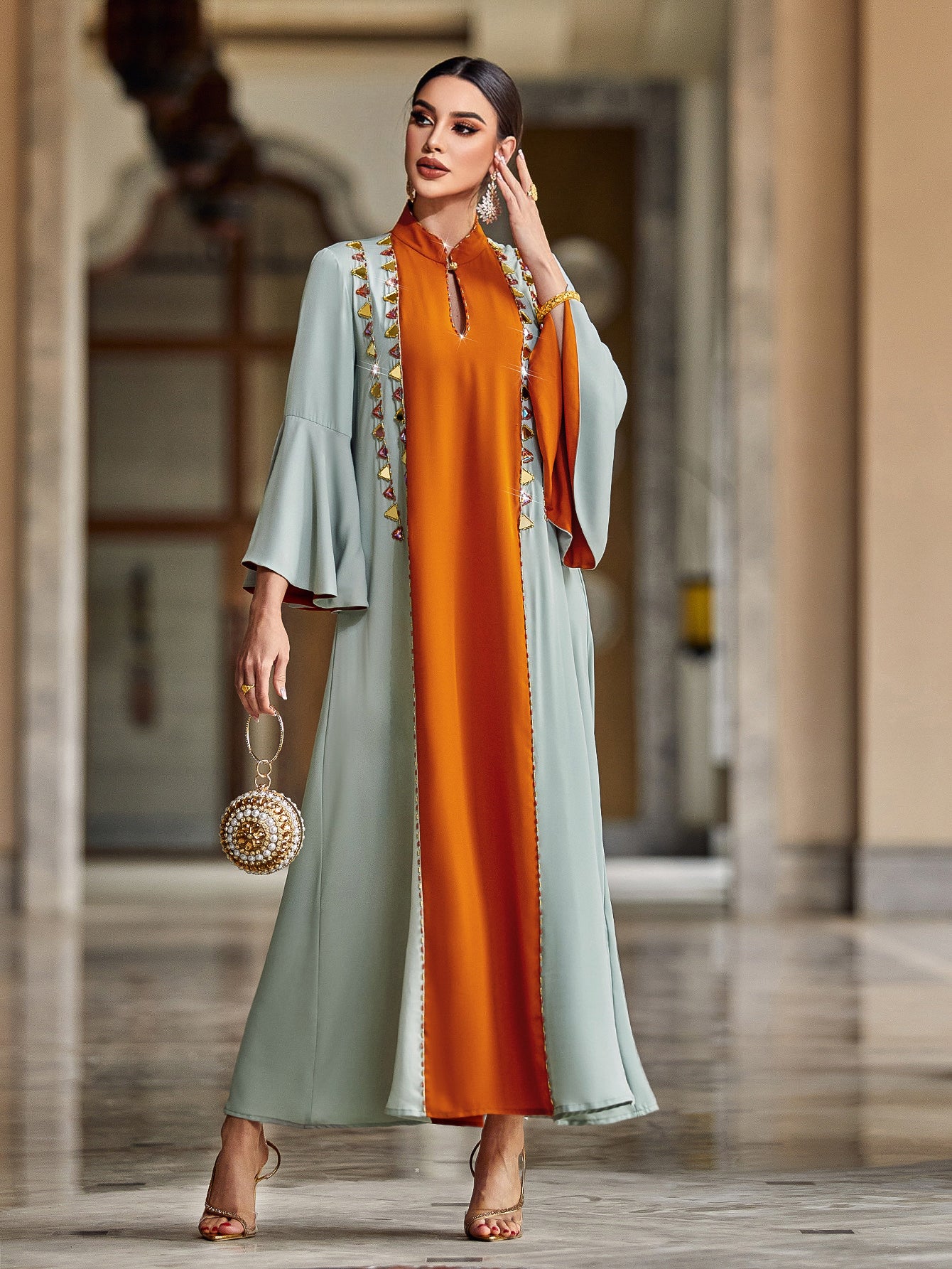 4069 Hand-Swen Bead Embellshments Rhinestone Long Abaya,  Elegant Modest Rmantic Glamorous Vacation Fantasy  Long Sleeve