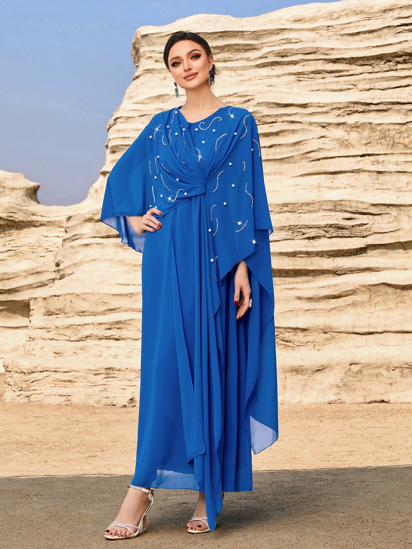 4084 Hand-Swen Bead Embellshments Rhinestone Long Abaya,  Elegant Rmantic Glamorous Vacation Fantasy Short Sleeve