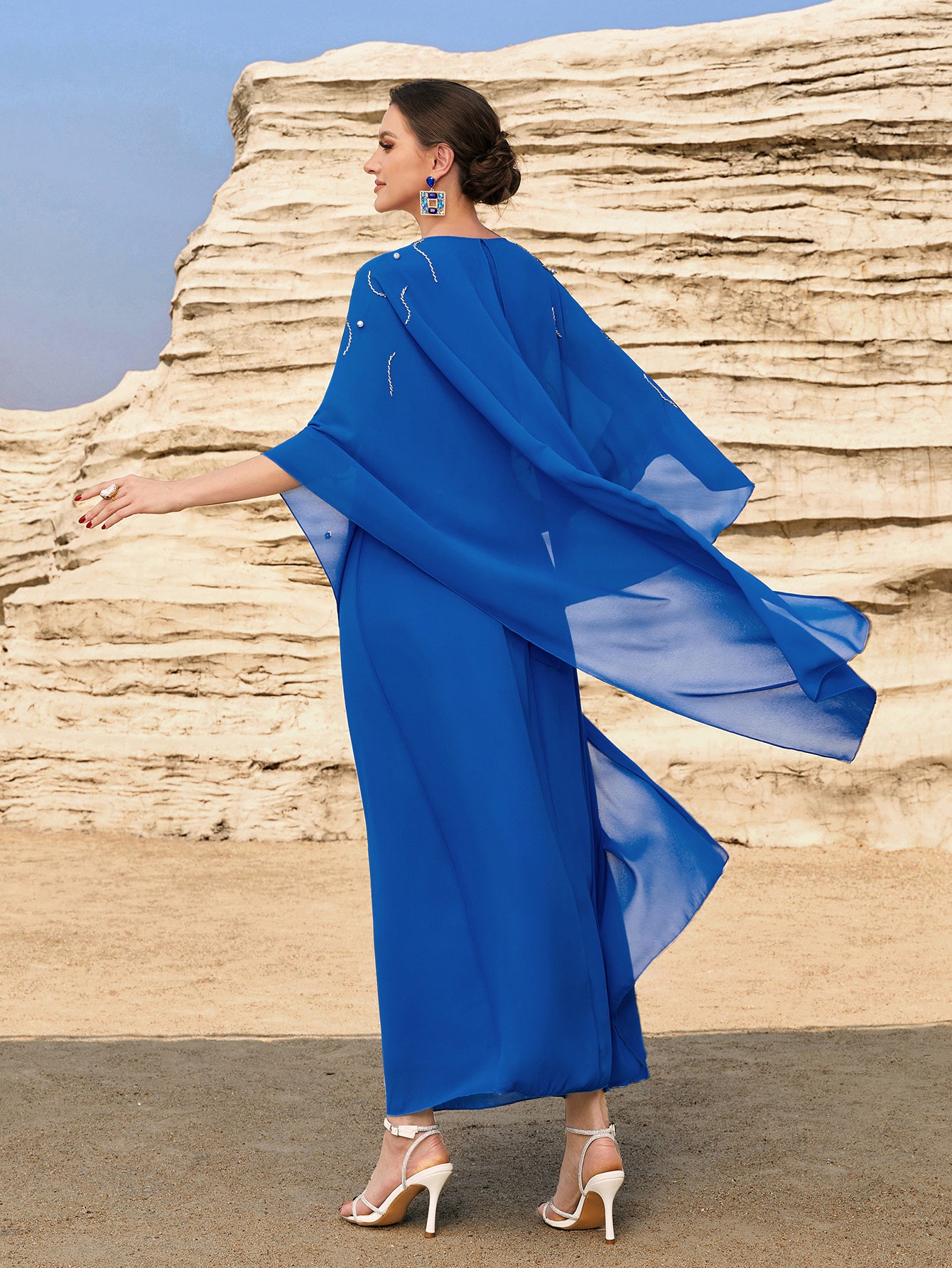 4084 Hand-Swen Bead Embellshments Rhinestone Long Abaya,  Elegant Rmantic Glamorous Vacation Fantasy Short Sleeve