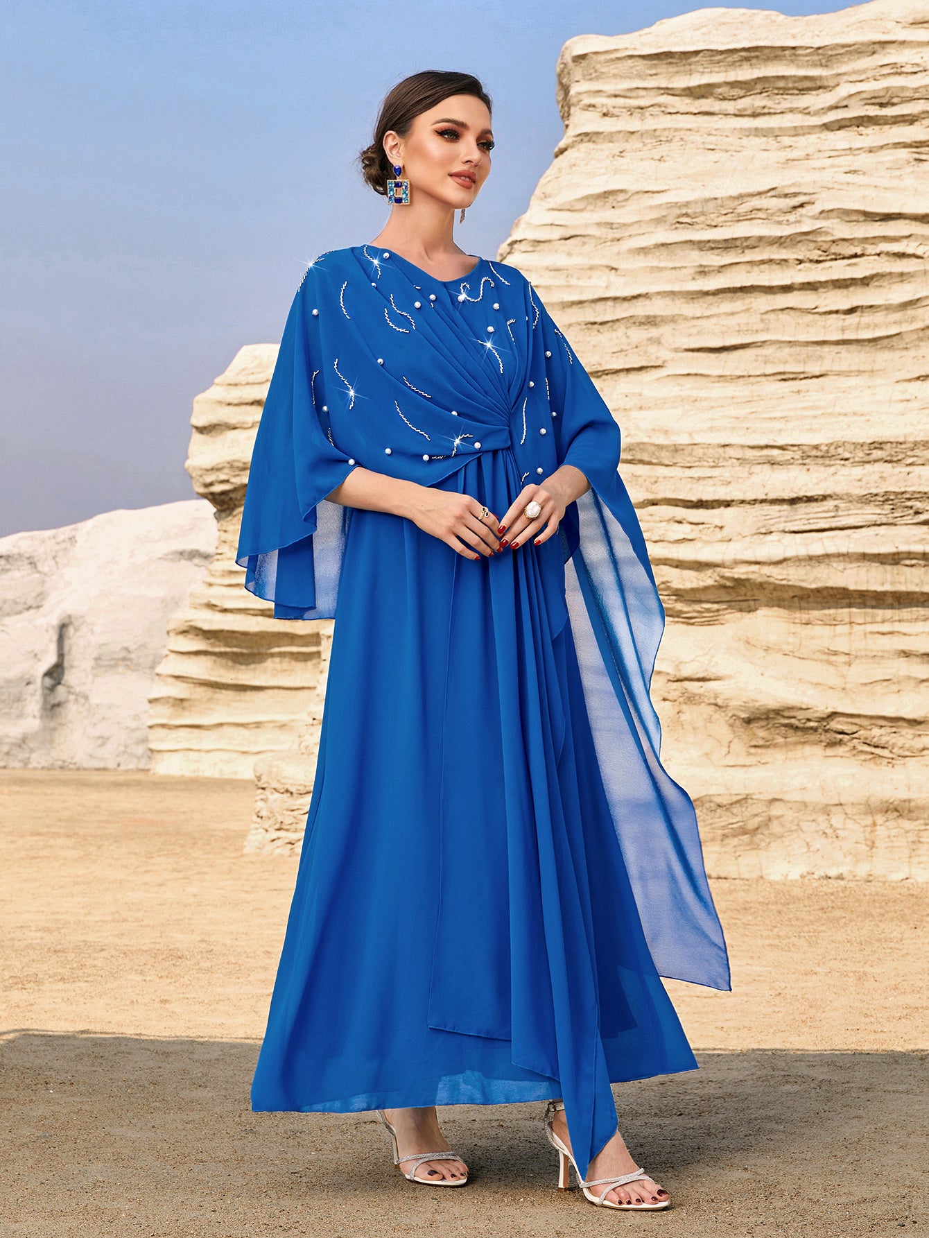 4084 Hand-Swen Bead Embellshments Rhinestone Long Abaya,  Elegant Rmantic Glamorous Vacation Fantasy Short Sleeve