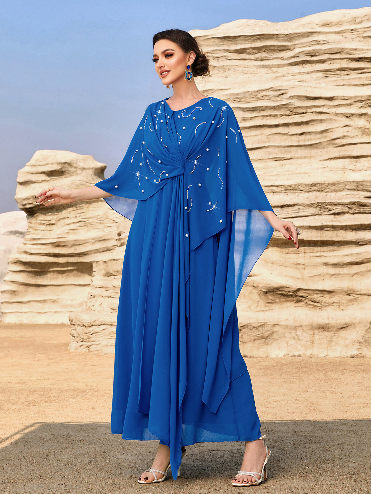 4084 Hand-Swen Bead Embellshments Rhinestone Long Abaya,  Elegant Rmantic Glamorous Vacation Fantasy Short Sleeve
