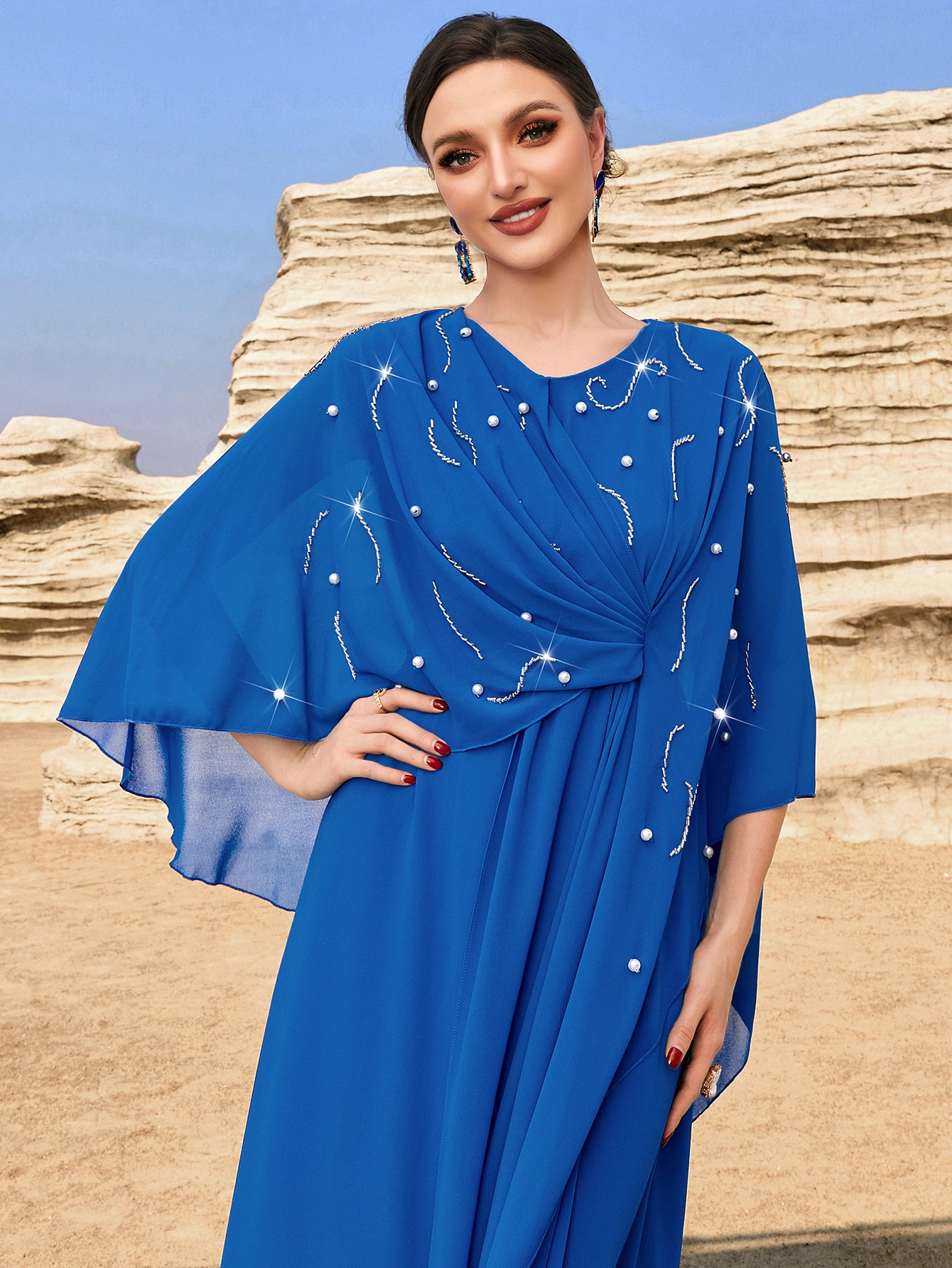 4084 Hand-Swen Bead Embellshments Rhinestone Long Abaya,  Elegant Rmantic Glamorous Vacation Fantasy Short Sleeve