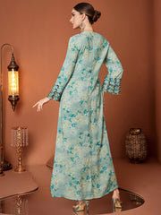 Mint Leaf-Print Flared-Sleeve Maxi Dress