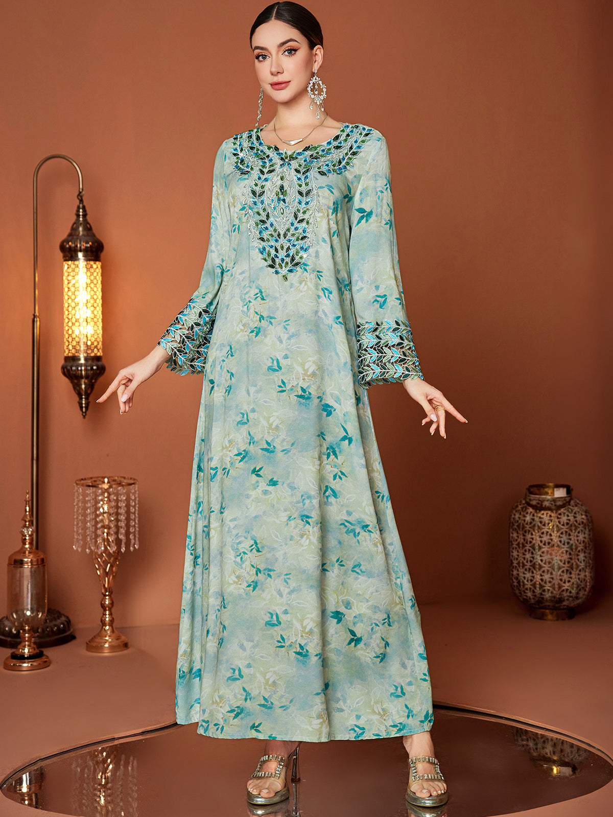 Mint Leaf-Print Flared-Sleeve Maxi Dress