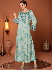 Mint Leaf-Print Flared-Sleeve Maxi Dress