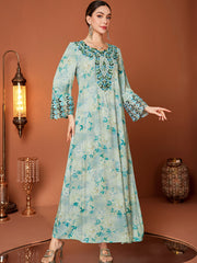 Mint Leaf-Print Flared-Sleeve Maxi Dress