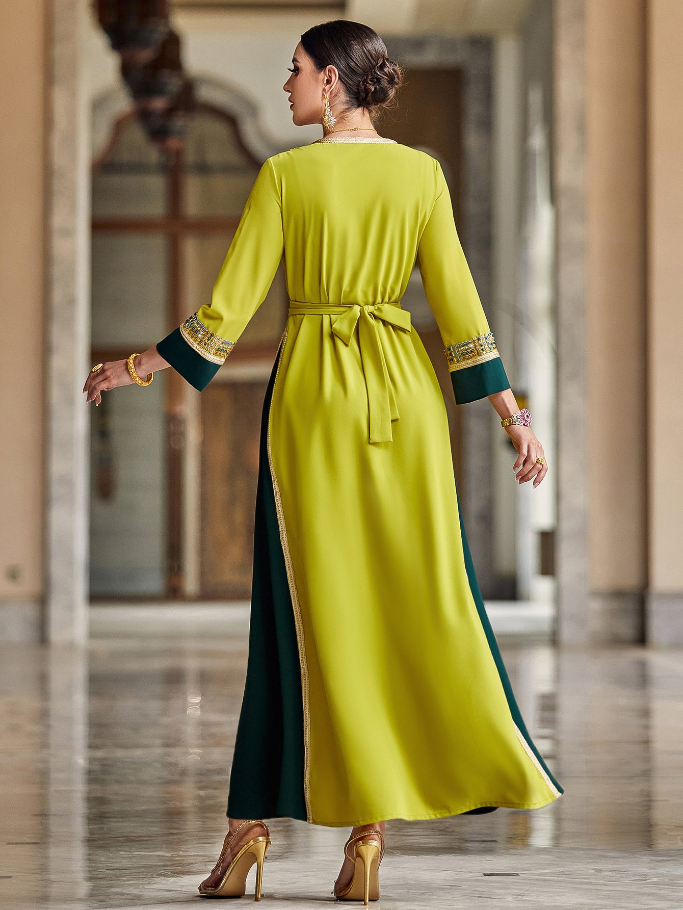 4009 Hand-Swen Bead Embellshments Rhinestone Long Abaya,  Elegant Modest Rmantic Glamorous Vacation Fantasy  Long Sleeve
