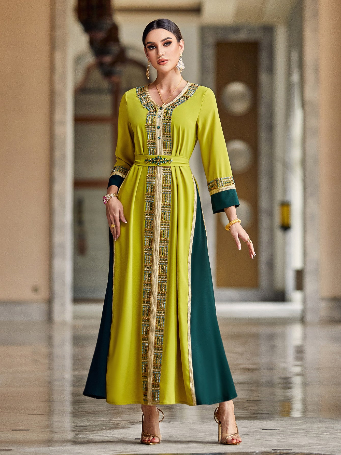 4009 Hand-Swen Bead Embellshments Rhinestone Long Abaya,  Elegant Modest Rmantic Glamorous Vacation Fantasy  Long Sleeve
