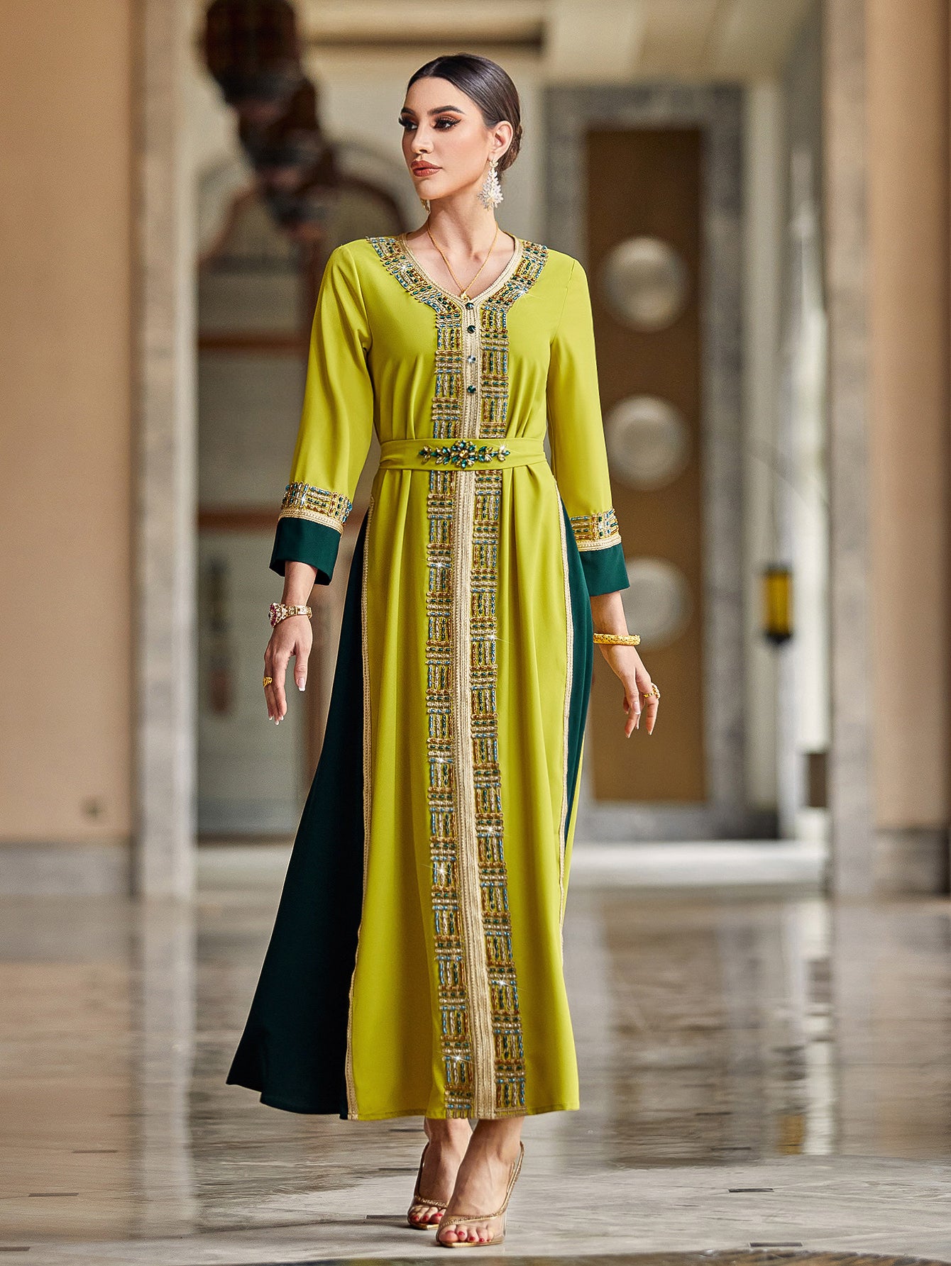4009 Hand-Swen Bead Embellshments Rhinestone Long Abaya,  Elegant Modest Rmantic Glamorous Vacation Fantasy  Long Sleeve