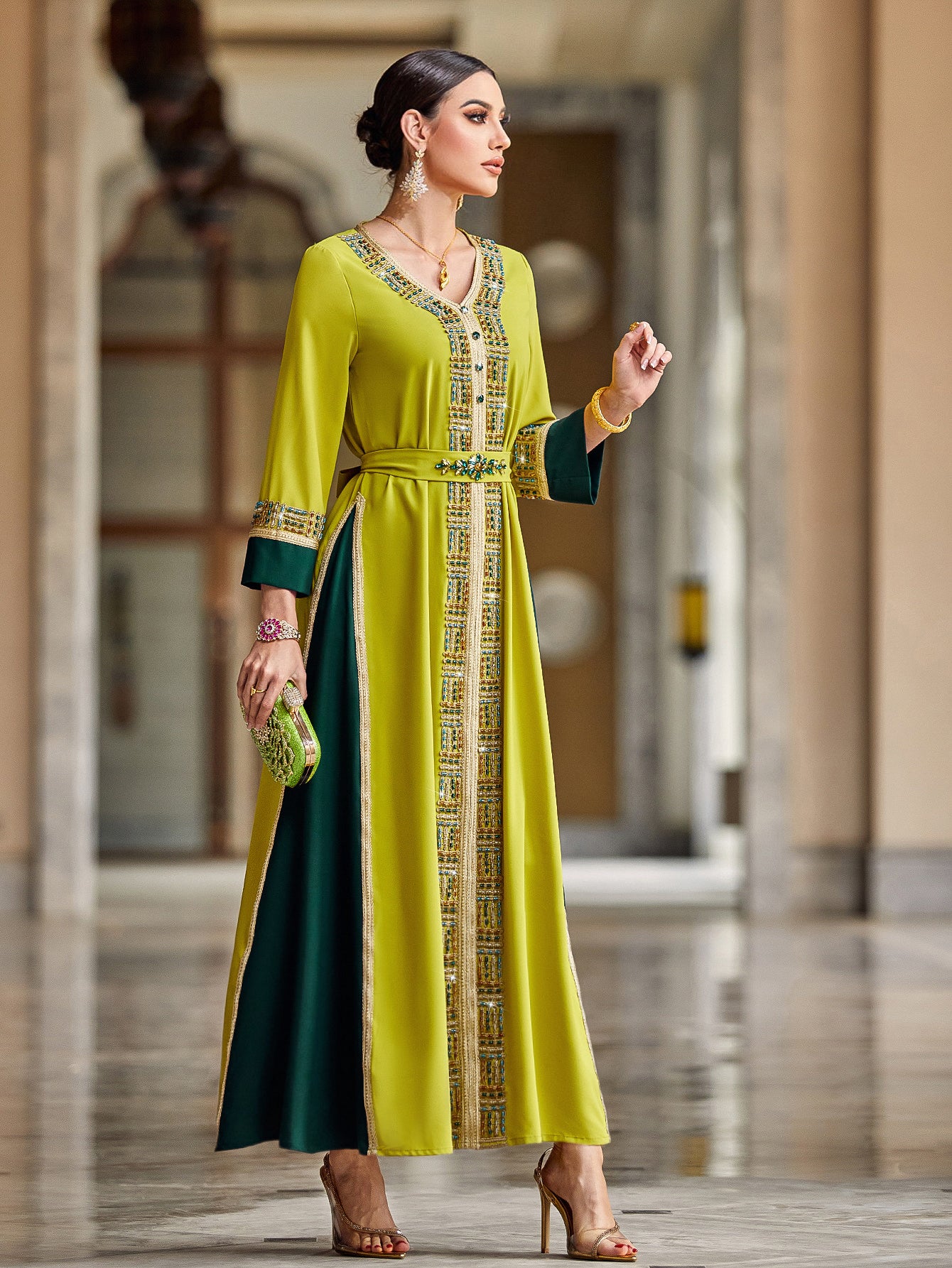 4009 Hand-Swen Bead Embellshments Rhinestone Long Abaya,  Elegant Modest Rmantic Glamorous Vacation Fantasy  Long Sleeve