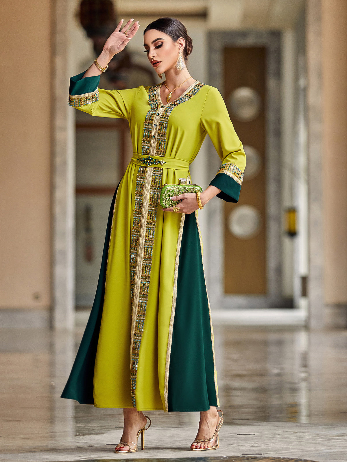 4009 Hand-Swen Bead Embellshments Rhinestone Long Abaya,  Elegant Modest Rmantic Glamorous Vacation Fantasy  Long Sleeve