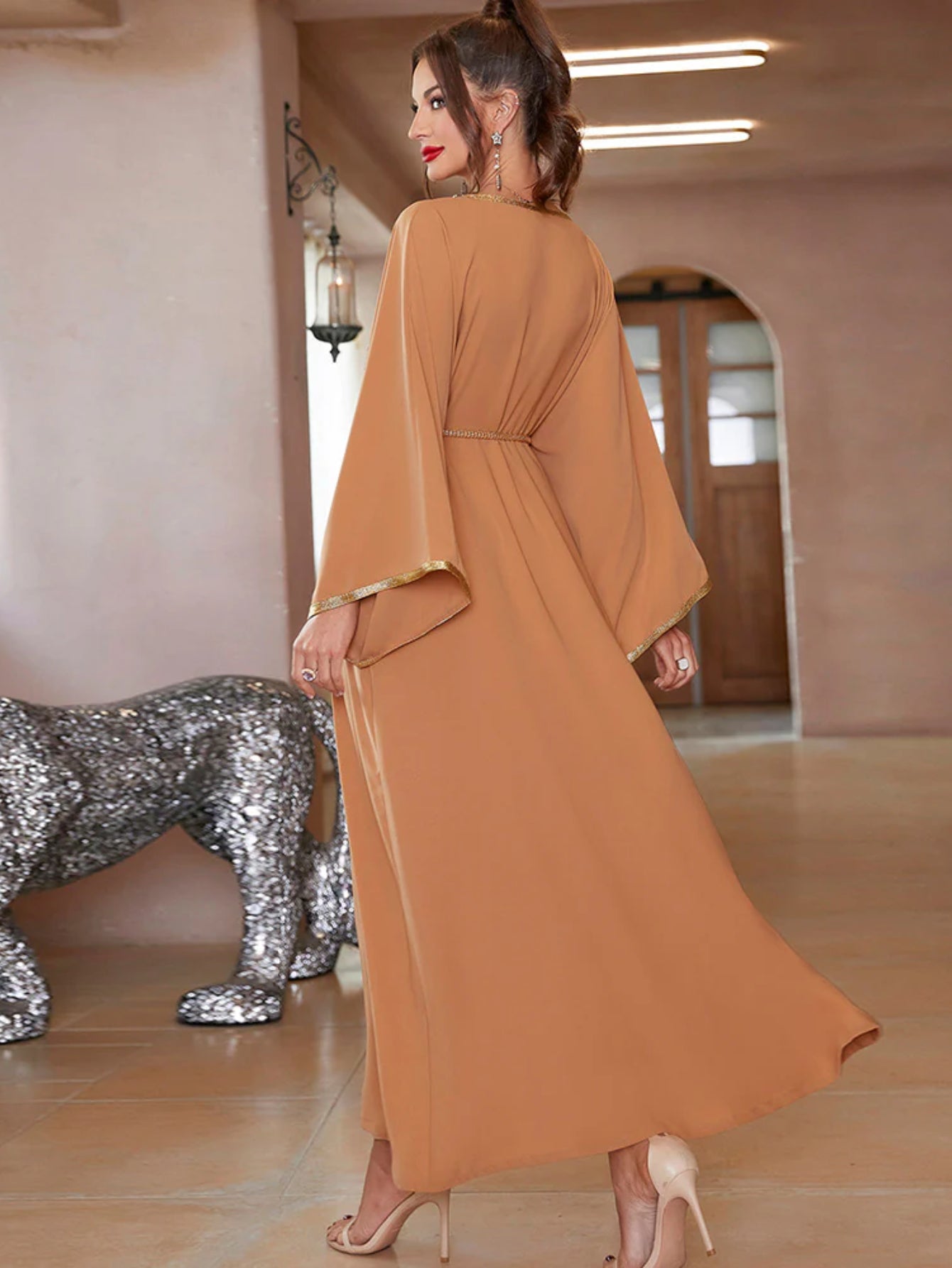 BA7061 Khaki Hand Stitched Diamond Middle East South East Asia Travel Sleeve Dress, Robe abaya