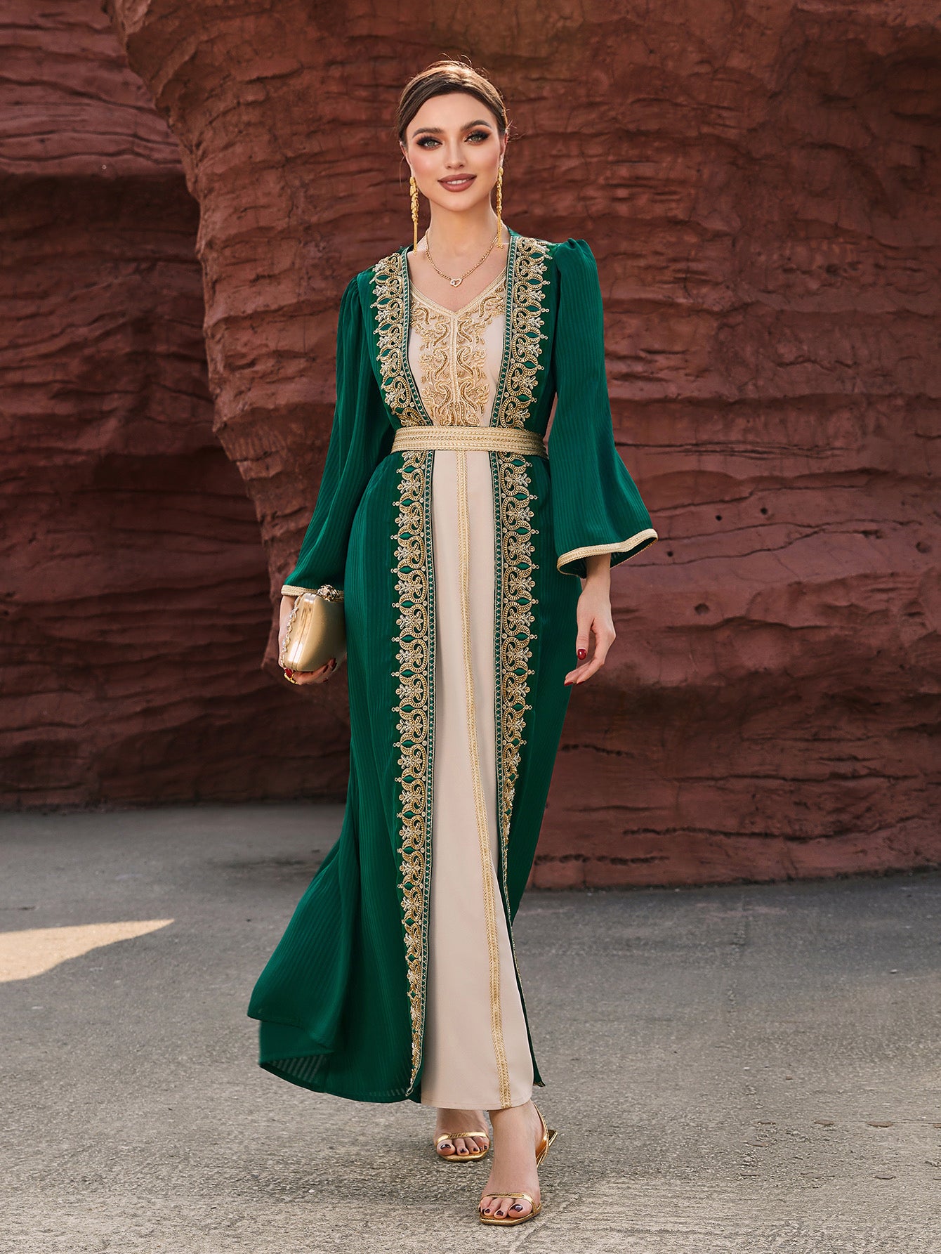 4088 Middle Eastern Style Green Beige Colorblock Gold Embroidered Long Sleeve Belted Maxi Dress - Elegant Contrast Decorated Gown
