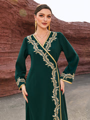 4111 Hand-Swen Bead Embellshments Rhinestone Long V Nekk V Abaya,  Elegant Rmantic Glamorous Vacation Fantasy Long Sleeve